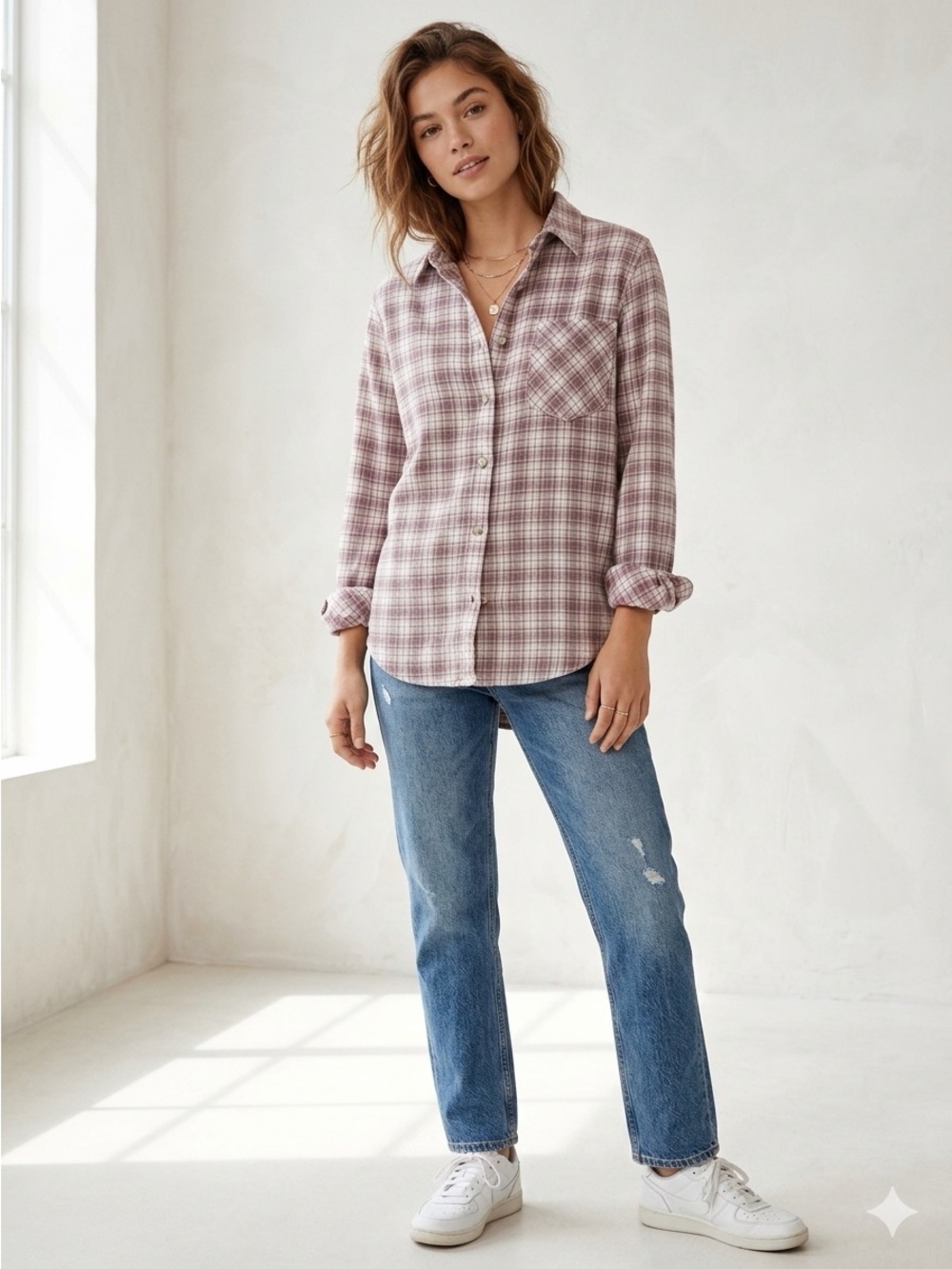 Aritzia Tna Mauve Plaid Oversized Button-Up Flannel Shirt - Size L
